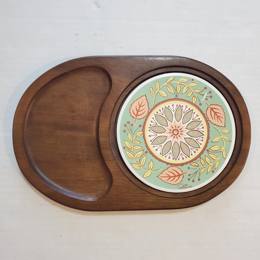Himark 1982 Saltina Cheese Board Wood Tray Ceramic Tile Floral Inlay Vintage
